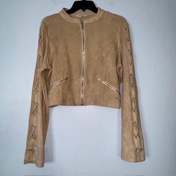 Fashion Nova Women's Vegan Suede Stretch Jacket Full Zip Pockets Tan SZ 1X - Picture 3 of 9